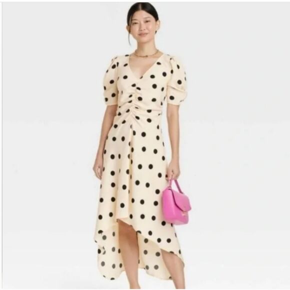 33 A NEW DAY Women’s Crepe Short Sleeve Midi High-Low Polka Dot Dress - Picture 3 of 4